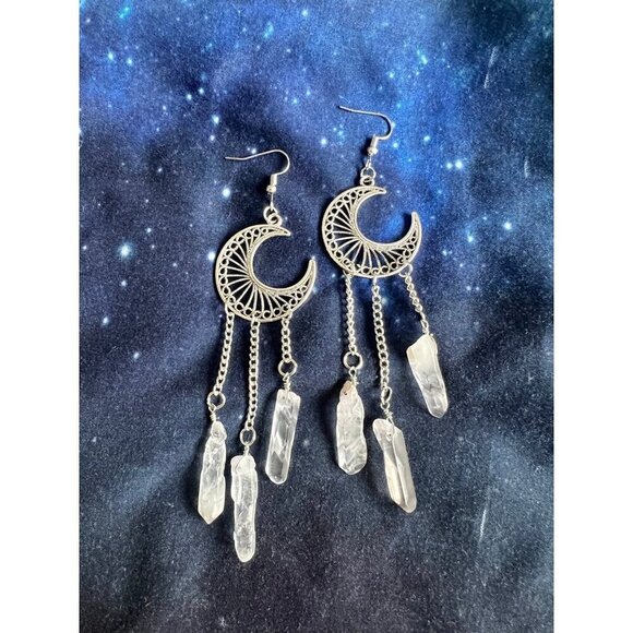 Celestial! Triple Clear Quartz Moon Chandelier Earrings! - Picture 5 of 8